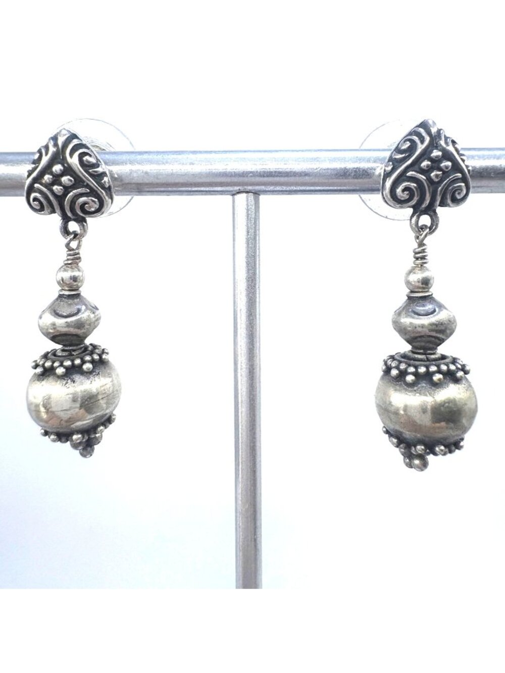 Scroll Design Beaded Dangle Earrings Sterling Silver 925 Size 1.25" Length